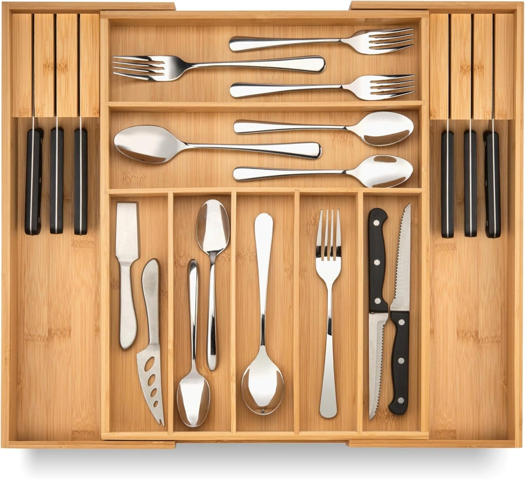 Purawood Expandable Bamboo Kitchen Drawer Organizer, 3-5 Slots, Natural