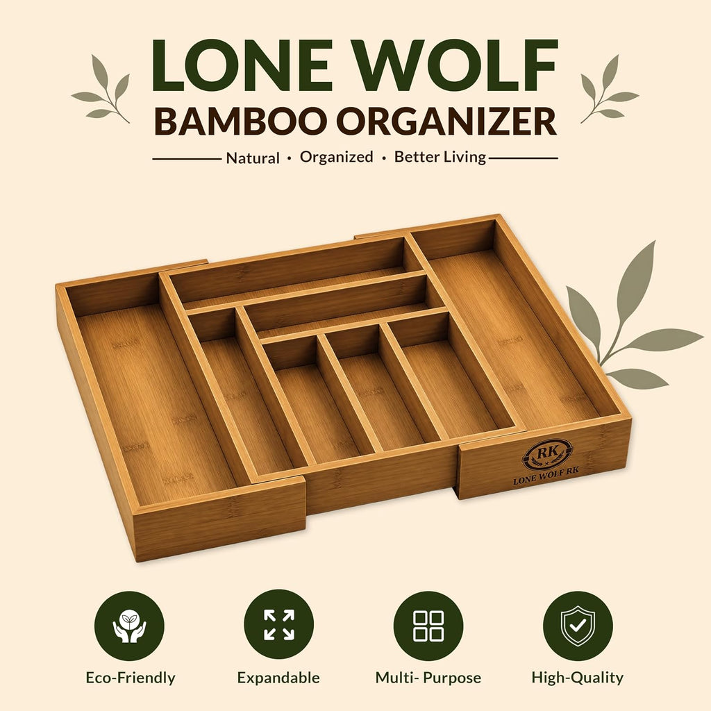 LONE WOLF RK Expandable Bamboo Silverware Drawer Organizer, 8 Slots, Carbonized