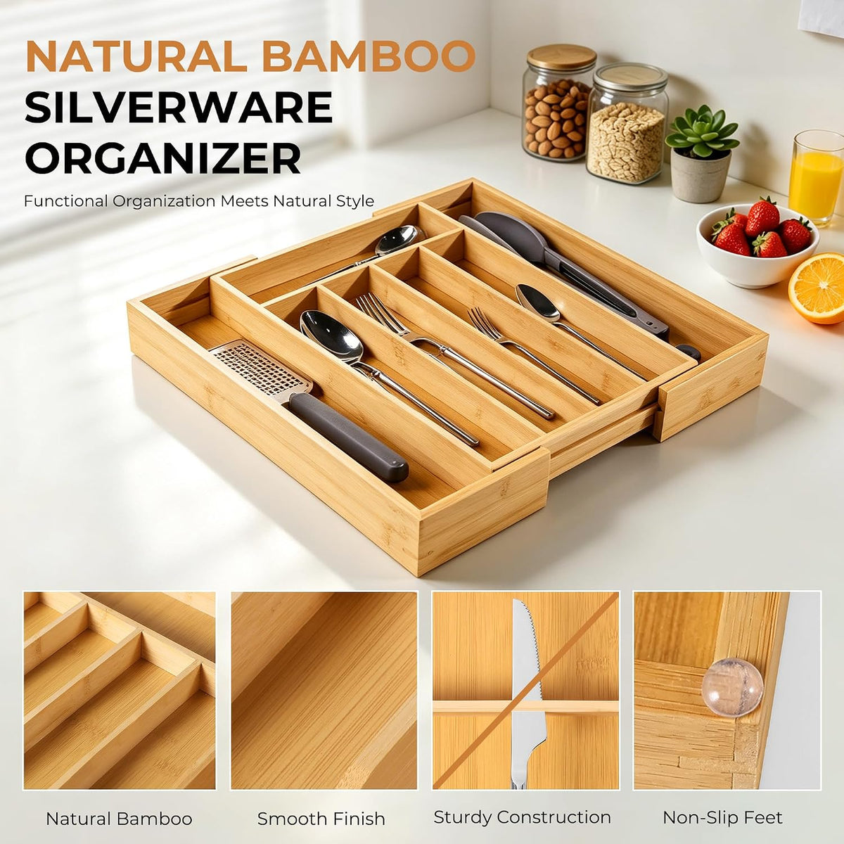 Bellsal Expandable Bamboo Silverware Drawer Organizer, 5-7 Slots, Natural