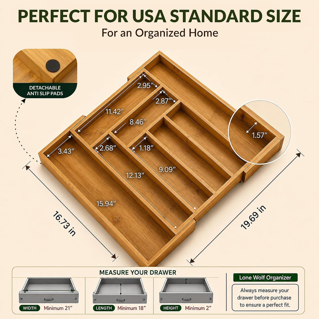 LONE WOLF RK Expandable Bamboo Silverware Drawer Organizer, 8 Slots, Carbonized