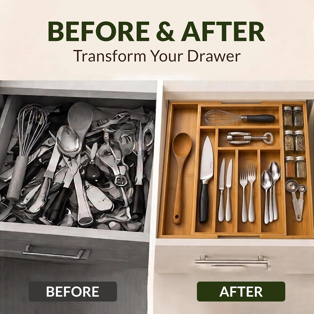 LONE WOLF RK Expandable Bamboo Silverware Drawer Organizer, 8 Slots, Carbonized