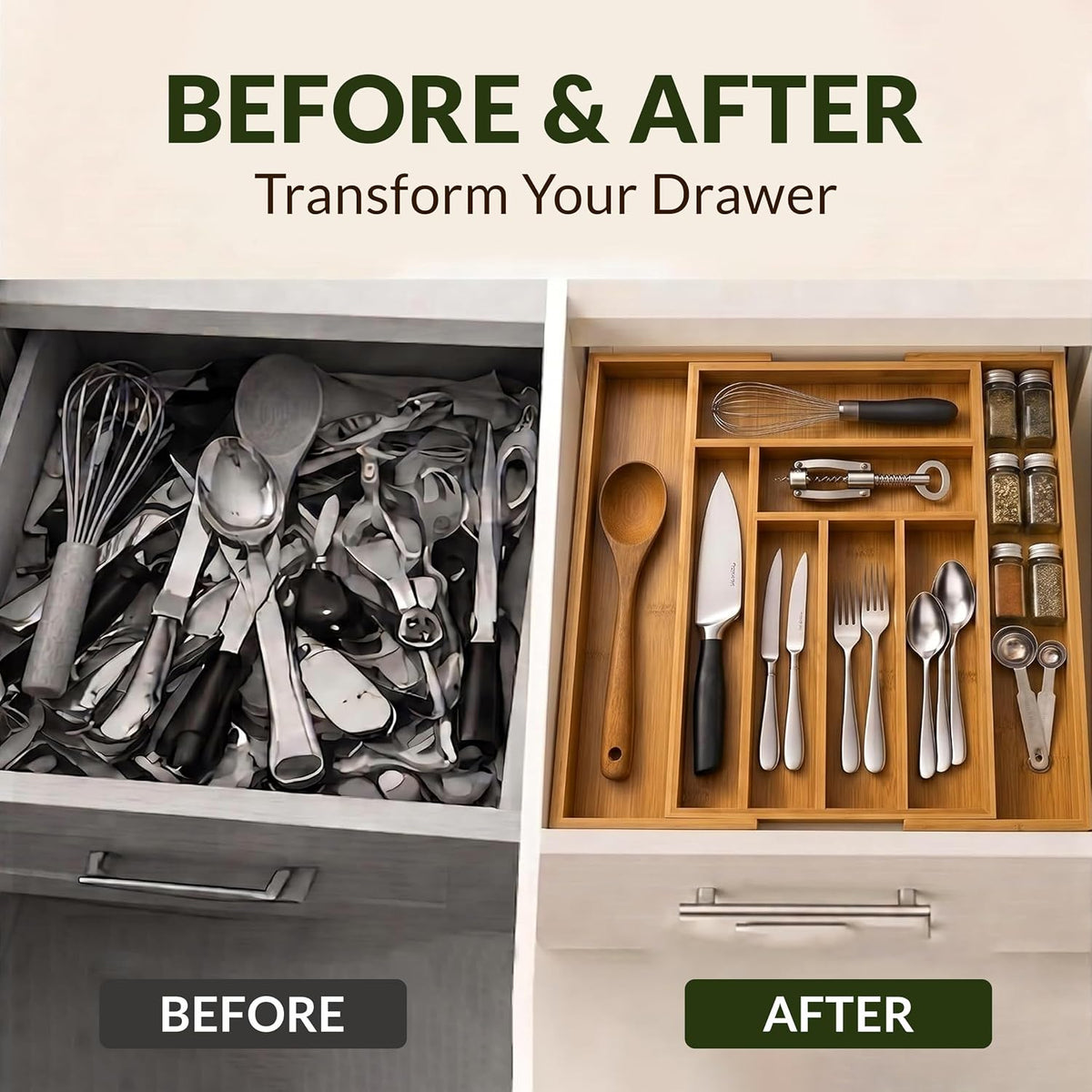 LONE WOLF RK Expandable Bamboo Silverware Drawer Organizer, 8 Slots, Carbonized