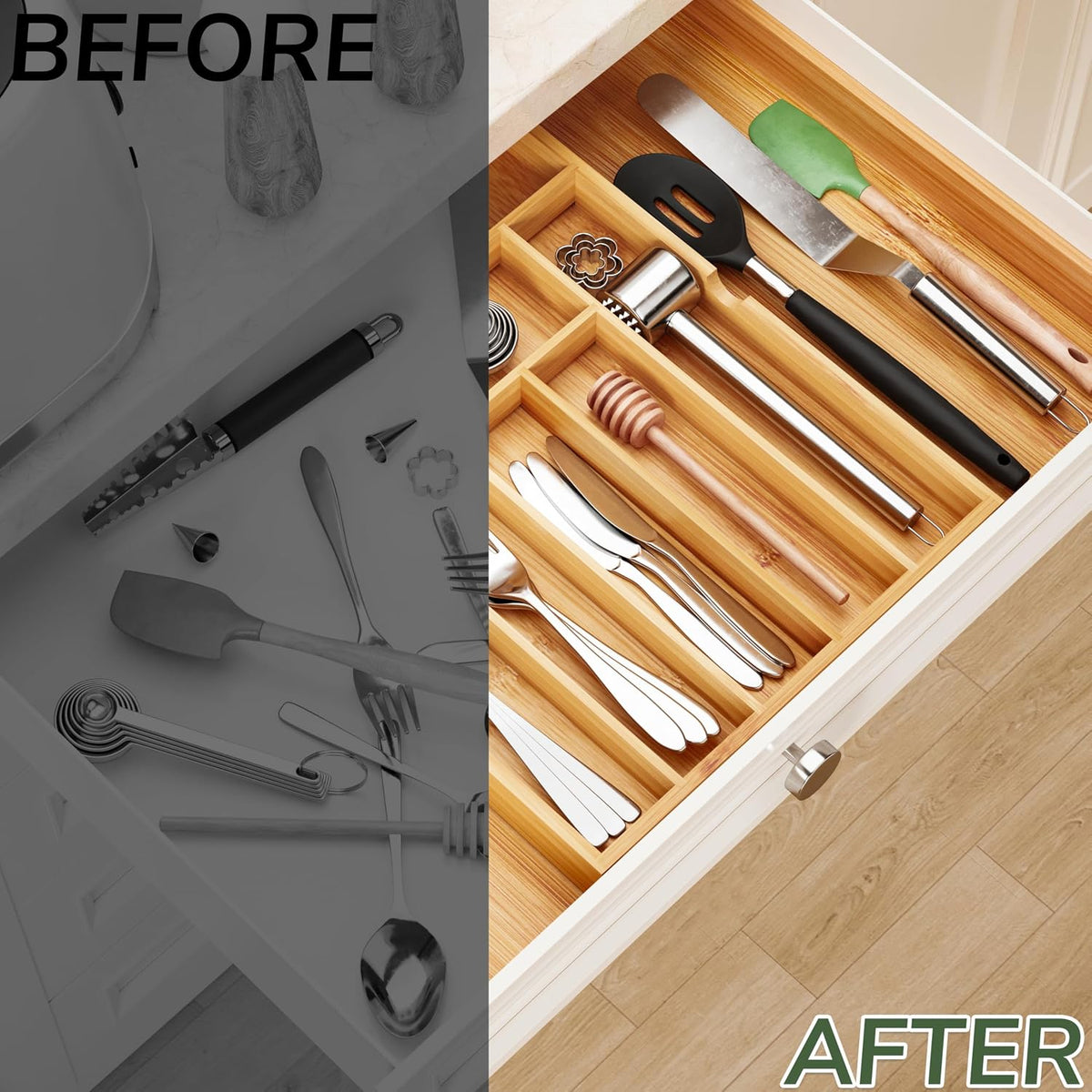 BAMEOS Expandable Bamboo Drawer Organizer with Removable Dividers, 9 Compartments