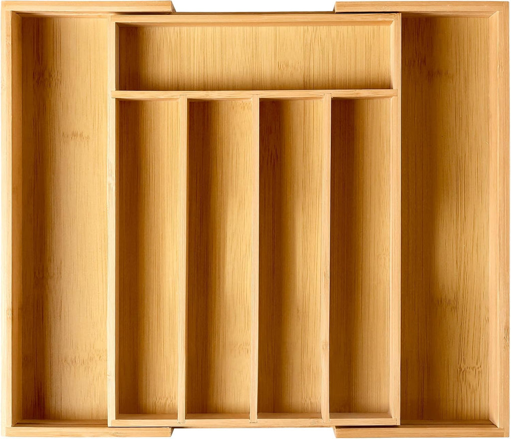 Bellsal Expandable Bamboo Silverware Drawer Organizer, 5-7 Slots, Natural