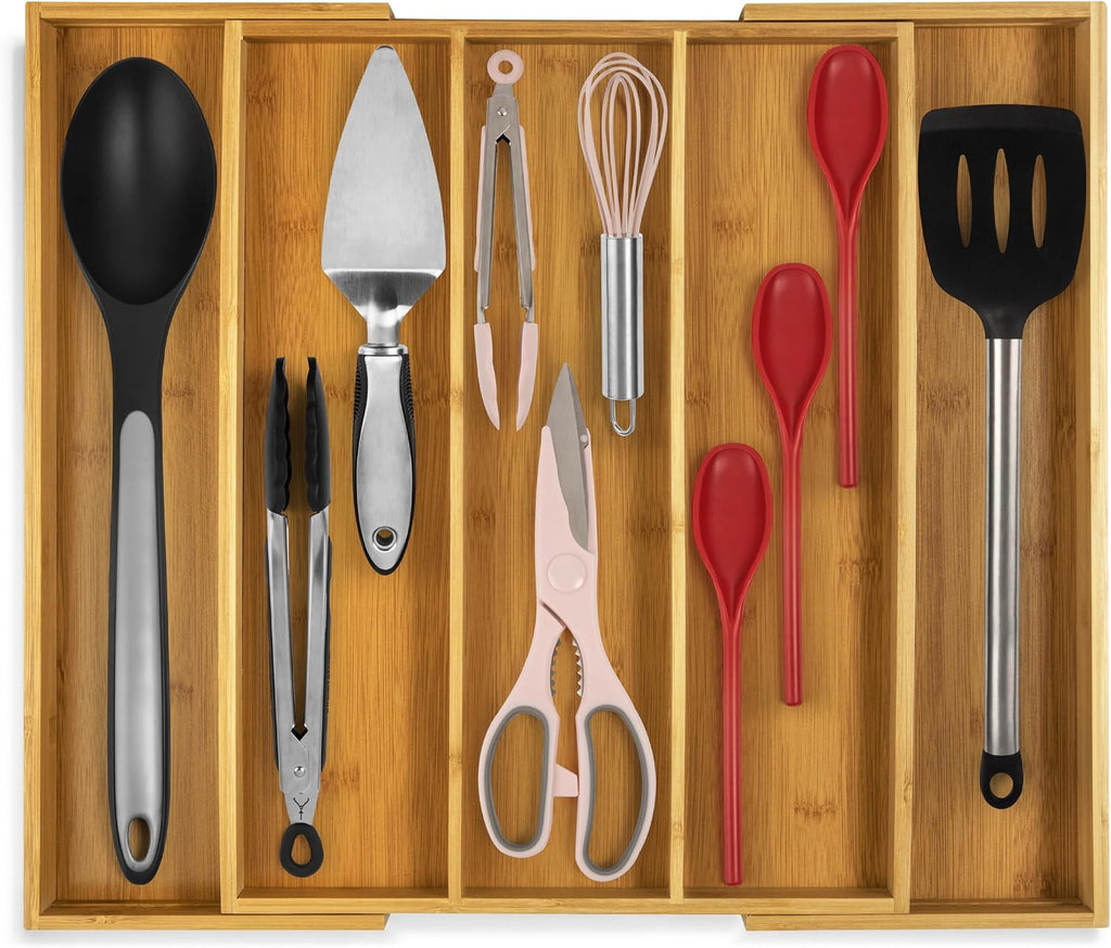Purawood Expandable Bamboo Kitchen Drawer Organizer, 3-5 Slots, Natural