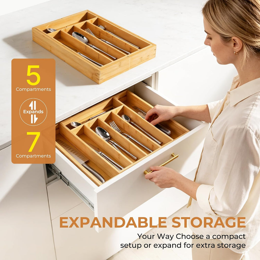 Bellsal Expandable Bamboo Silverware Drawer Organizer, 5-7 Slots, Natural