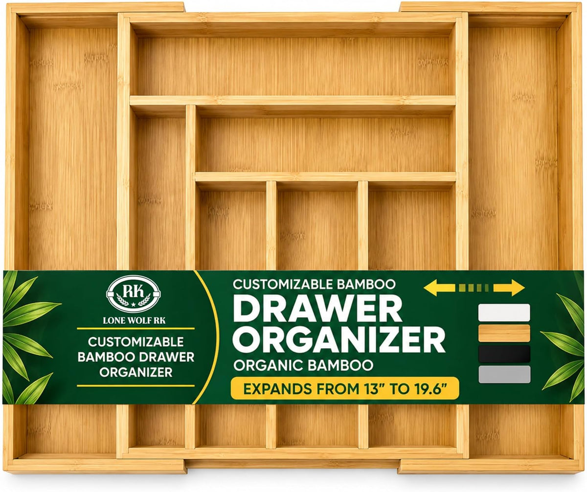 LONE WOLF RK Expandable Bamboo Silverware Drawer Organizer, 8 Slots, Carbonized