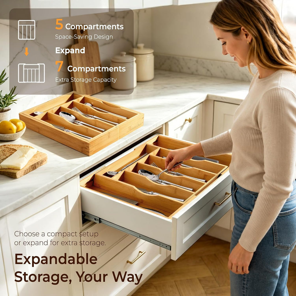 ORIDOM Expandable Bamboo Cutlery Drawer Organizer, 5-7 Slots, Natural