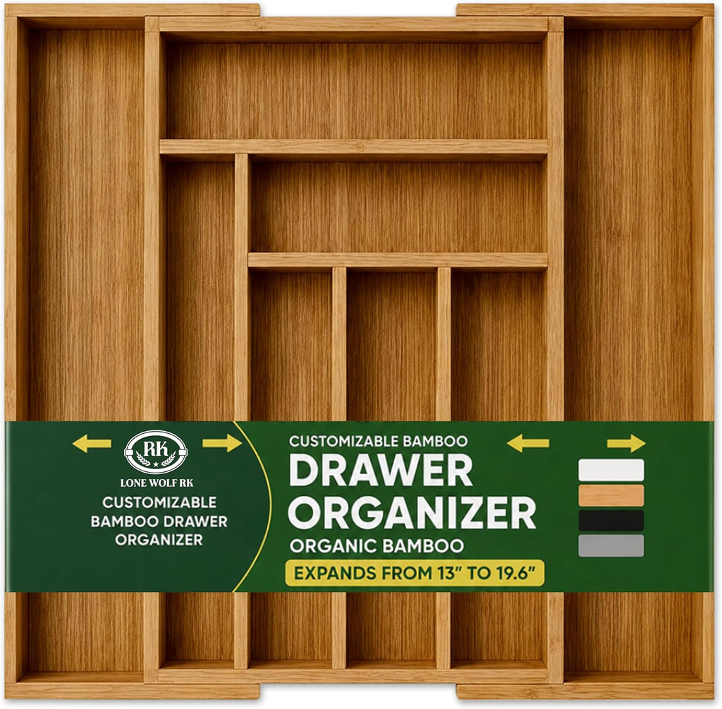 LONE WOLF RK Expandable Bamboo Silverware Drawer Organizer, 8 Slots, Carbonized