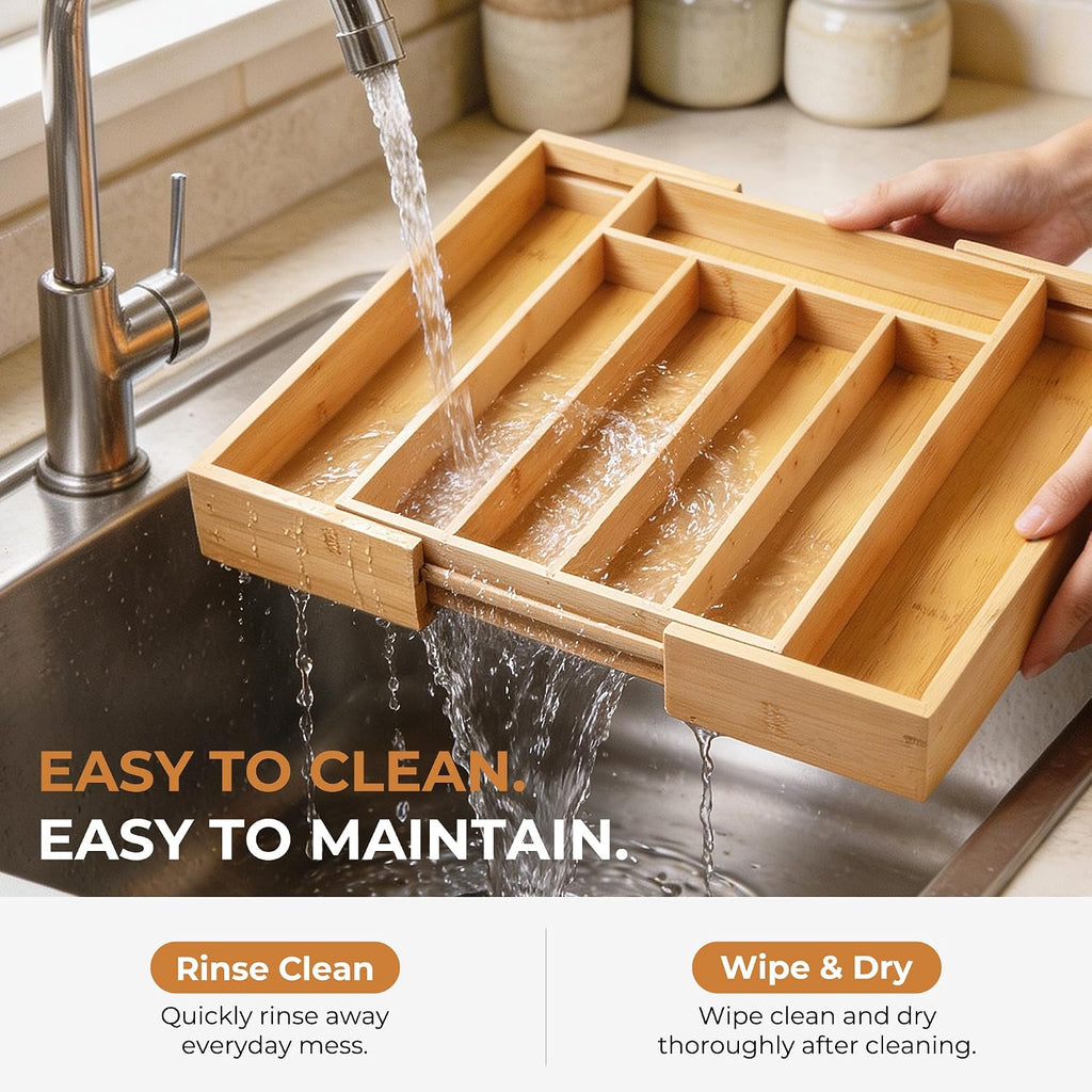Bellsal Expandable Bamboo Silverware Drawer Organizer, 5-7 Slots, Natural