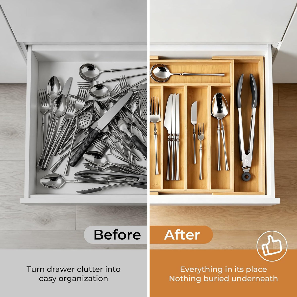 Bellsal Expandable Bamboo Silverware Drawer Organizer, 5-7 Slots, Natural