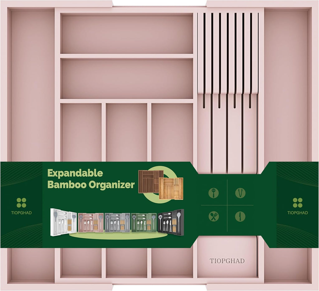 TIOPGHAD Expandable Bamboo Silverware Organizer with Removable Knife Block, 8 Compartments