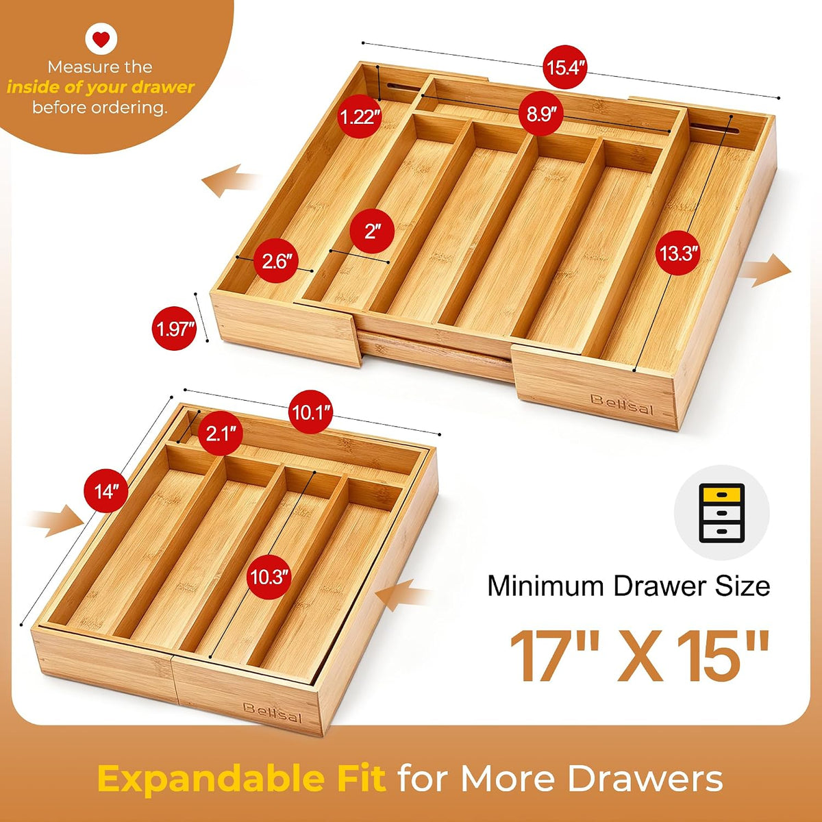 Bellsal Expandable Bamboo Silverware Drawer Organizer, 5-7 Slots, Natural