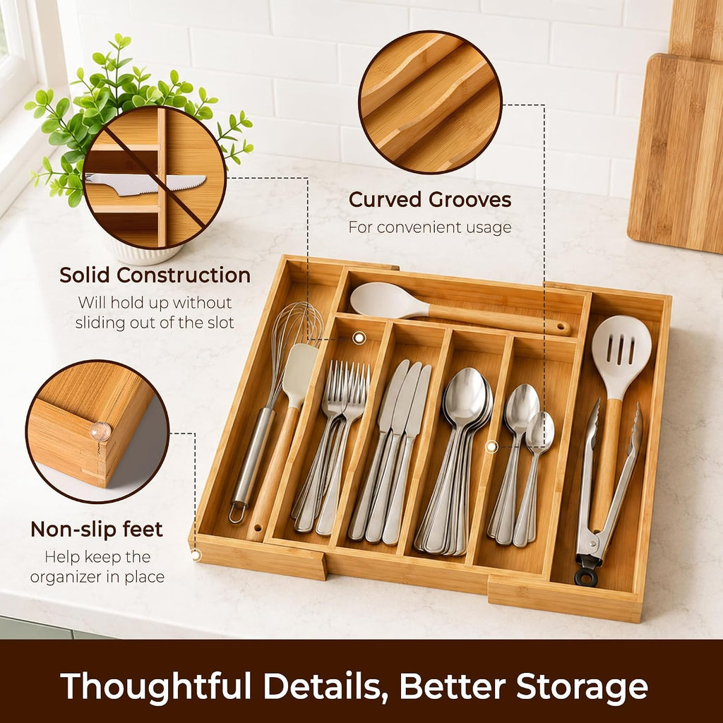 ORIDOM Expandable Bamboo Cutlery Drawer Organizer, 5-7 Slots, Natural