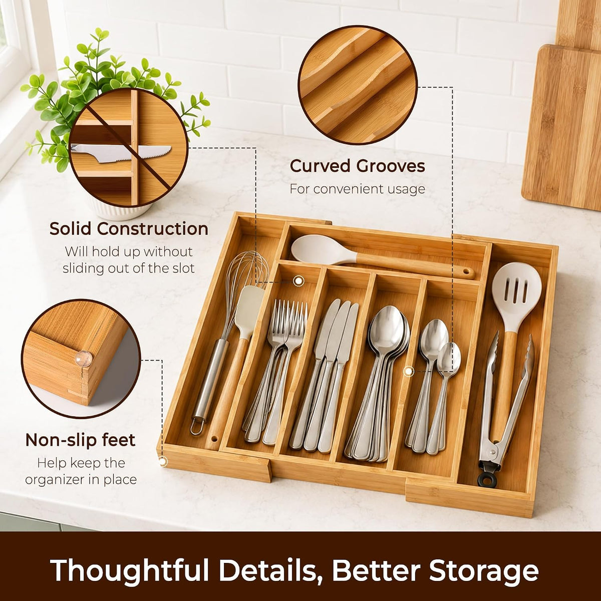 ORIDOM Expandable Bamboo Cutlery Drawer Organizer, 5-7 Slots, Natural