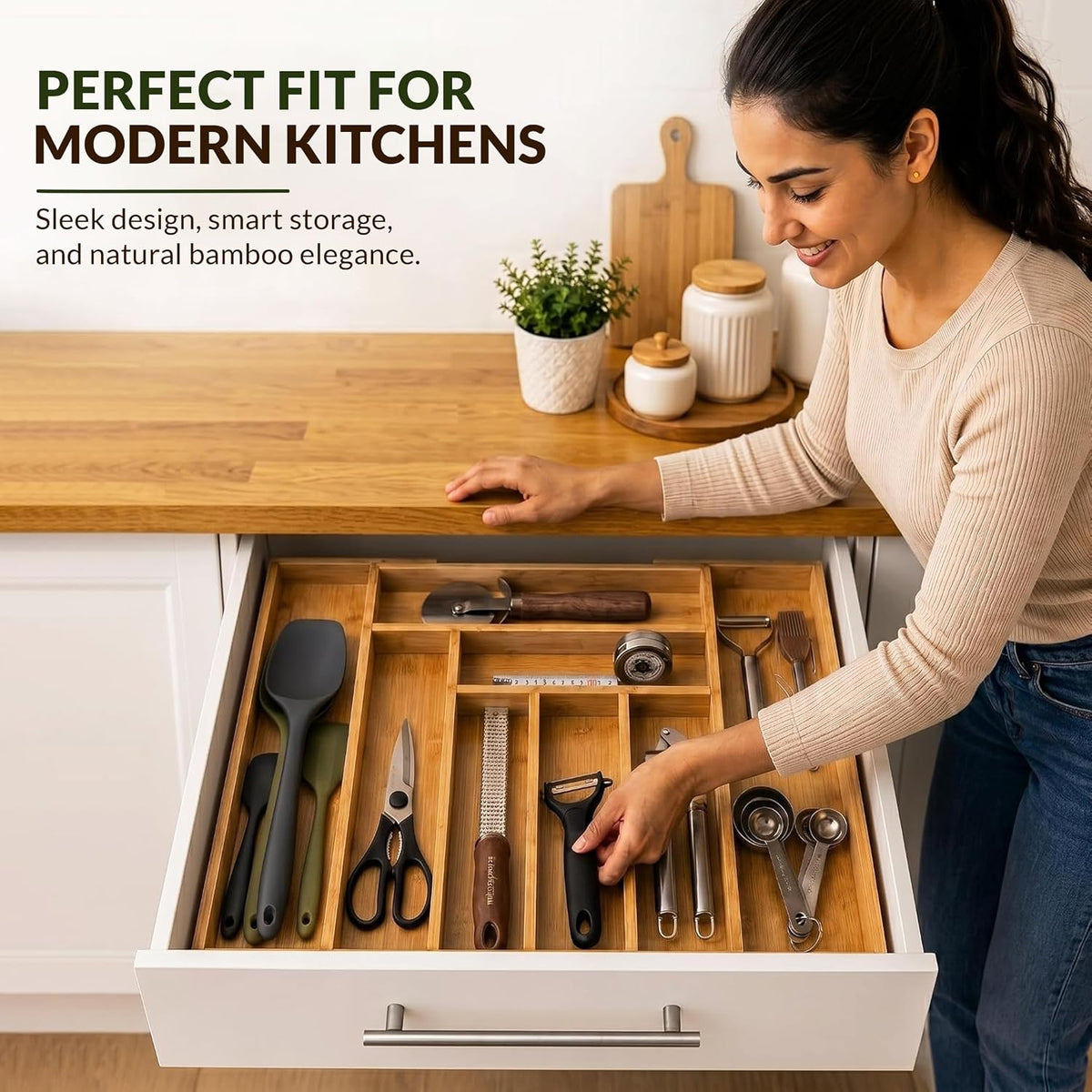 LONE WOLF RK Expandable Bamboo Silverware Drawer Organizer, 8 Slots, Carbonized