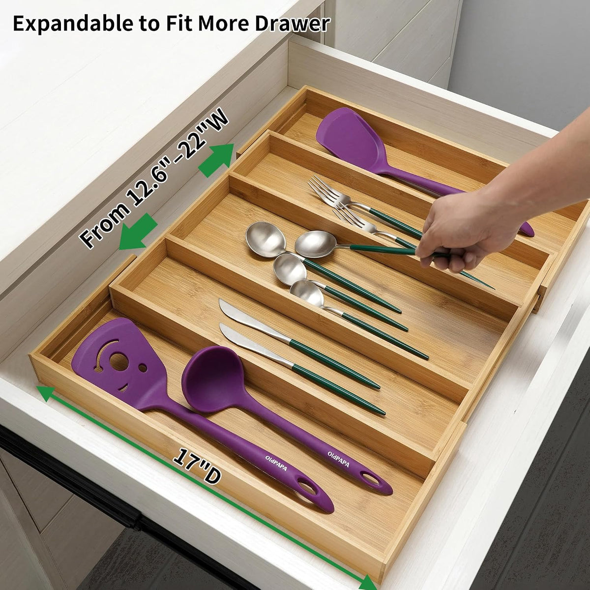 Utoplike Expandable Bamboo Kitchen Drawer Organizer, Large, 3-5 Slots, Natural