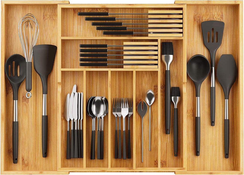 BAMEOS Expandable Bamboo Drawer Organizer with Removable Dividers, 9 Compartments