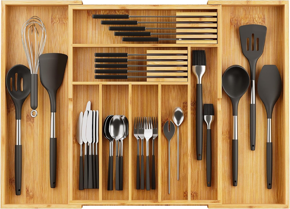 BAMEOS Expandable Bamboo Drawer Organizer with Removable Dividers, 9 Compartments