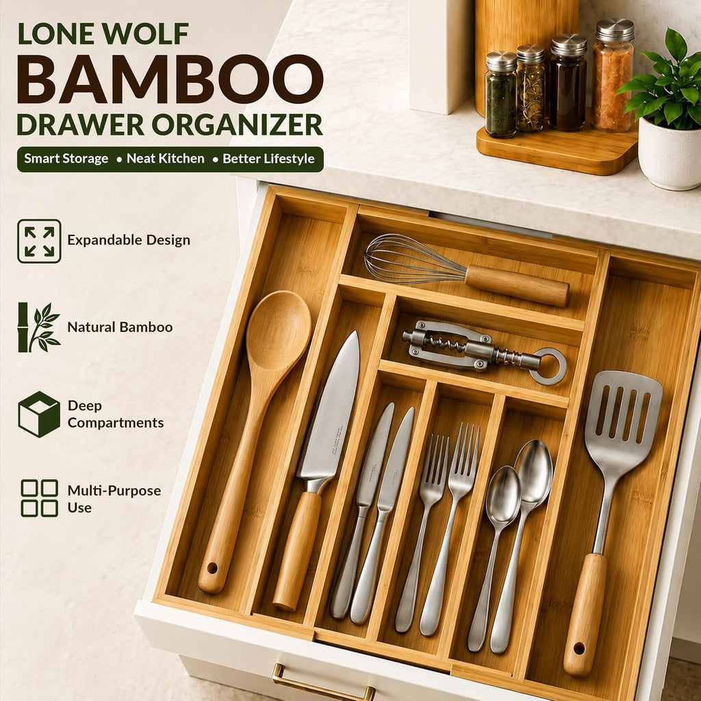 LONE WOLF RK Expandable Bamboo Silverware Drawer Organizer, 8 Slots, Carbonized
