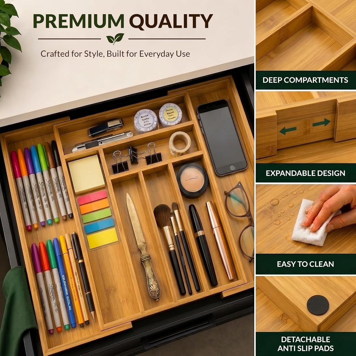 LONE WOLF RK Expandable Bamboo Silverware Drawer Organizer, 8 Slots, Carbonized