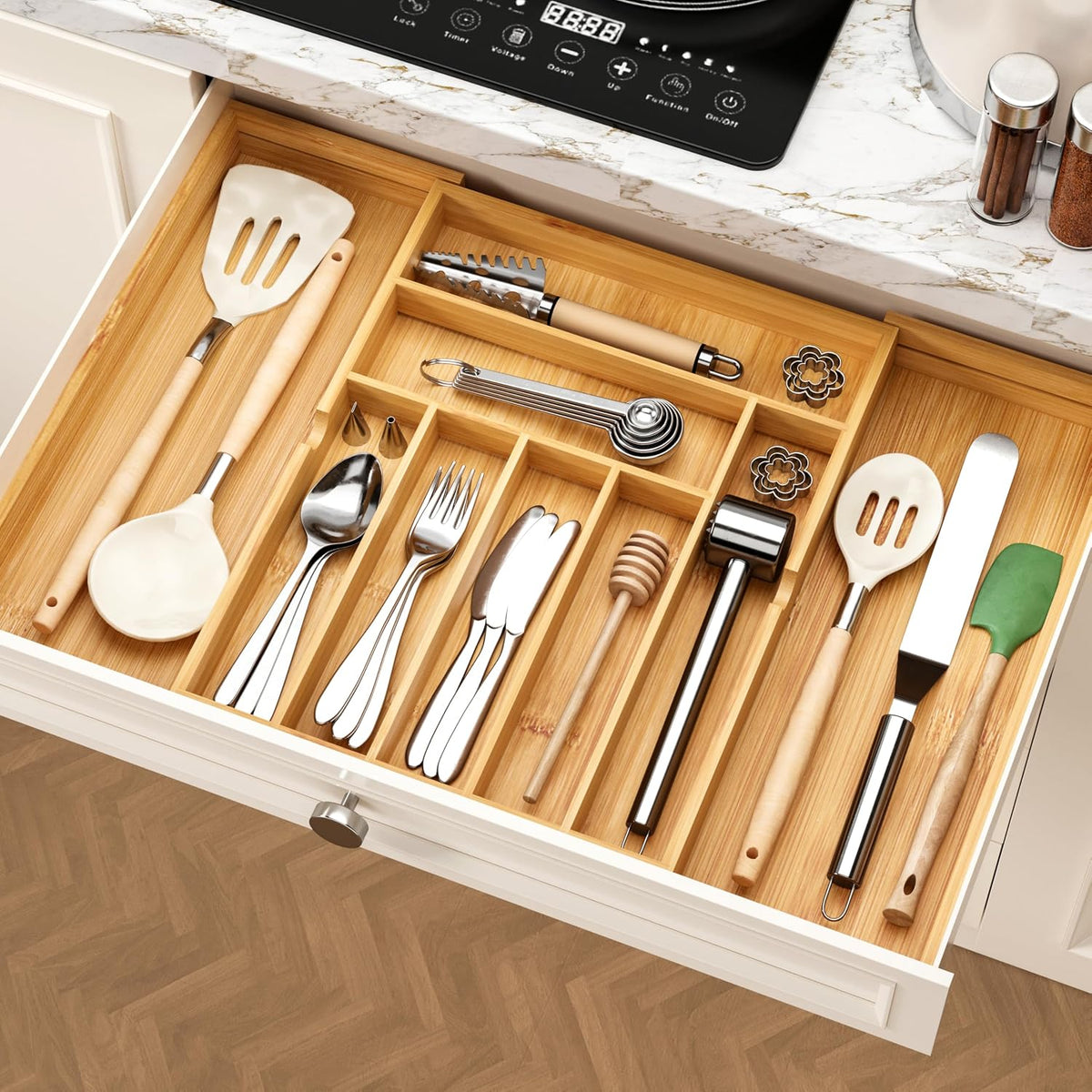 BAMEOS Expandable Bamboo Drawer Organizer with Removable Dividers, 9 Compartments