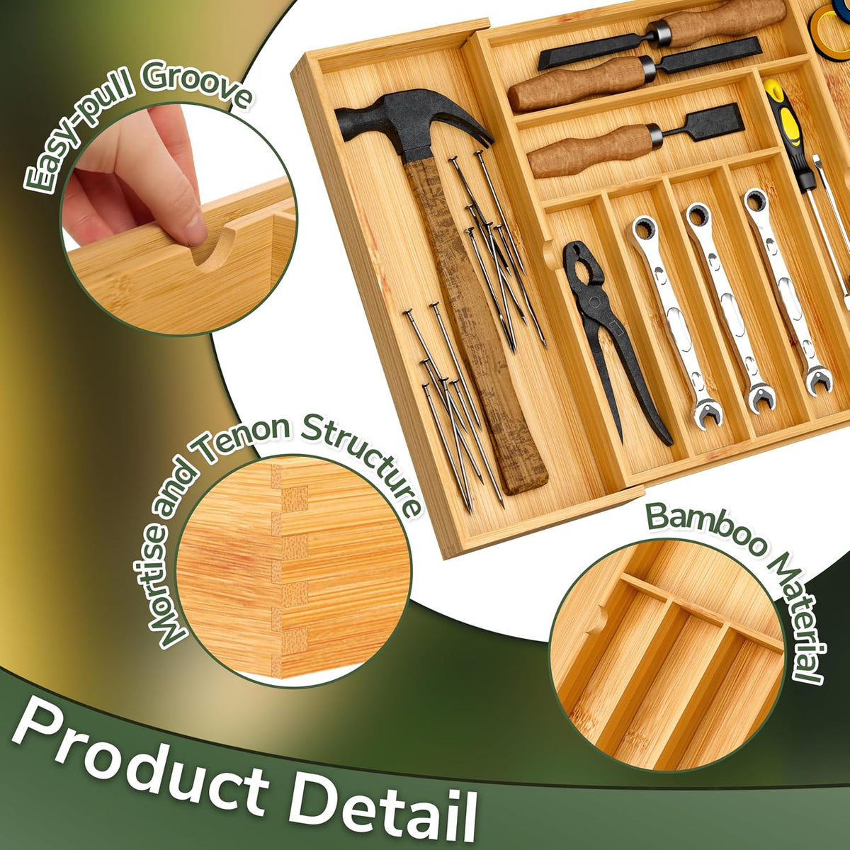 BAMEOS Expandable Bamboo Drawer Organizer with Removable Dividers, 9 Compartments