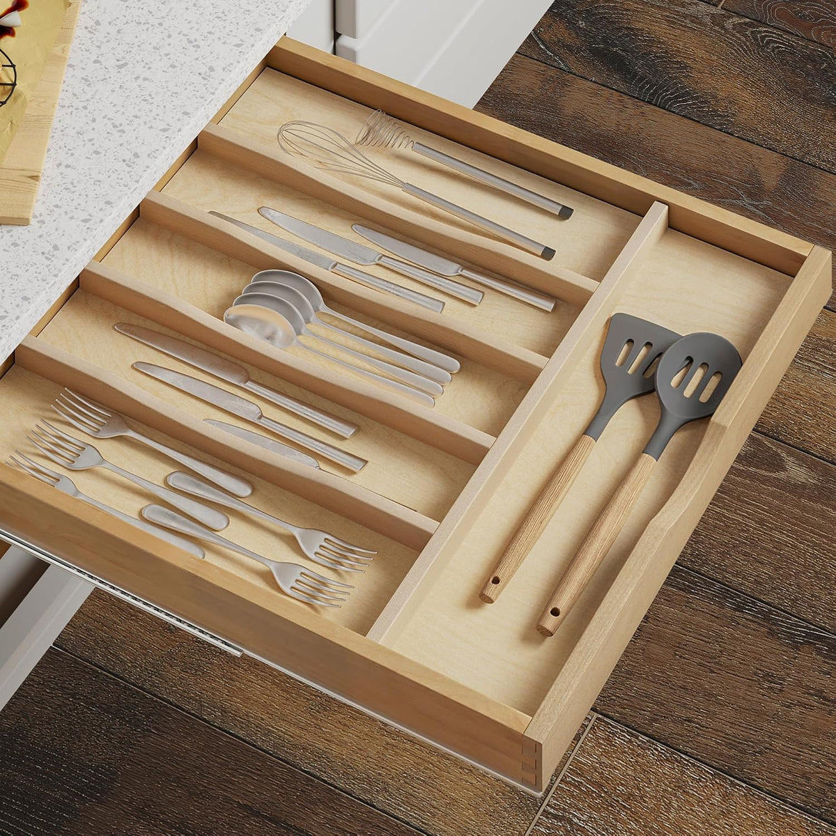 WelFurGeer Solid Birch Wood Silverware Drawer Organizer, Large Utensil Tray
