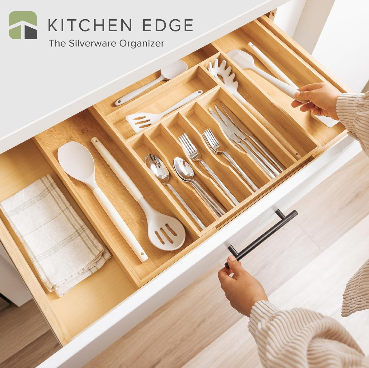 KitchenEdge Expandable Bamboo Silverware Drawer Organizer, 14.5"-25" Wide, Natural