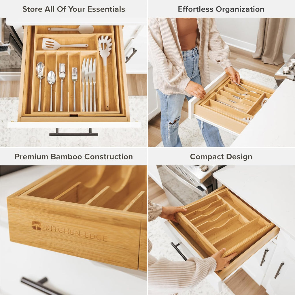 KitchenEdge Expandable Bamboo Silverware Drawer Organizer, 14.5"-25" Wide, Natural