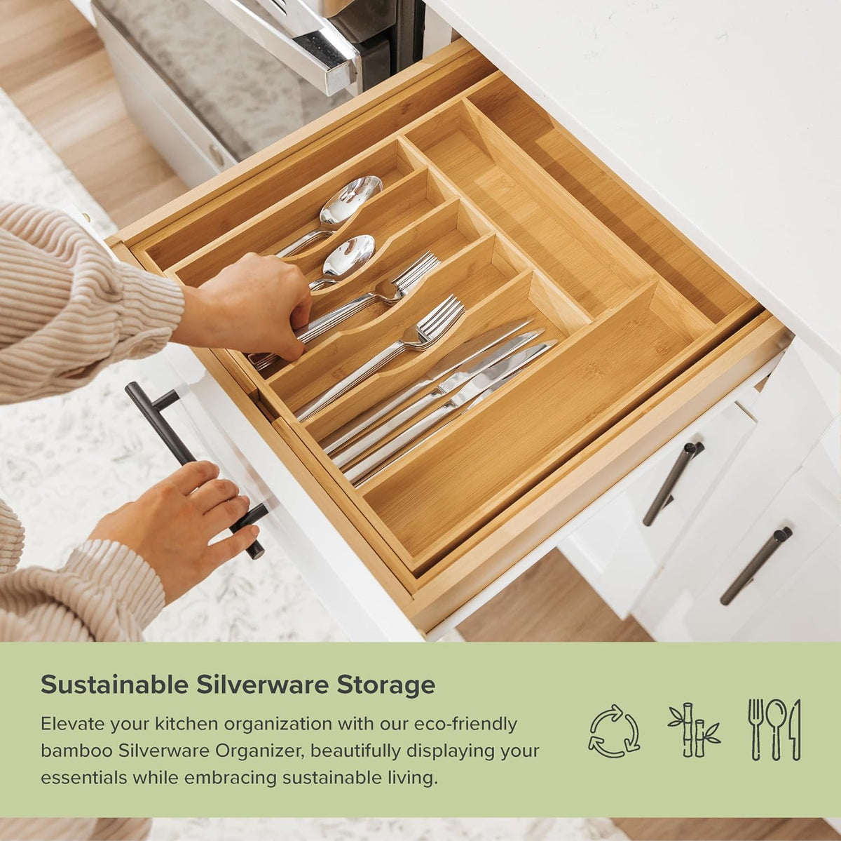 KitchenEdge Expandable Bamboo Silverware Drawer Organizer, 14.5"-25" Wide, Natural