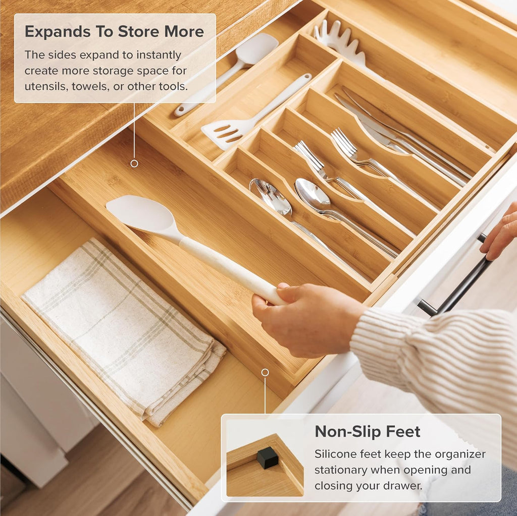KitchenEdge Expandable Bamboo Silverware Drawer Organizer, 14.5"-25" Wide, Natural