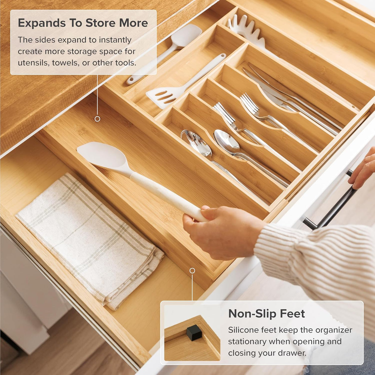 KitchenEdge Expandable Bamboo Silverware Drawer Organizer, 14.5"-25" Wide, Natural