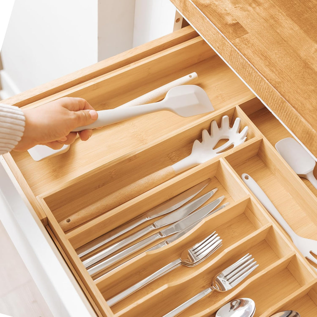 KitchenEdge Expandable Bamboo Silverware Drawer Organizer, 14.5"-25" Wide, Natural