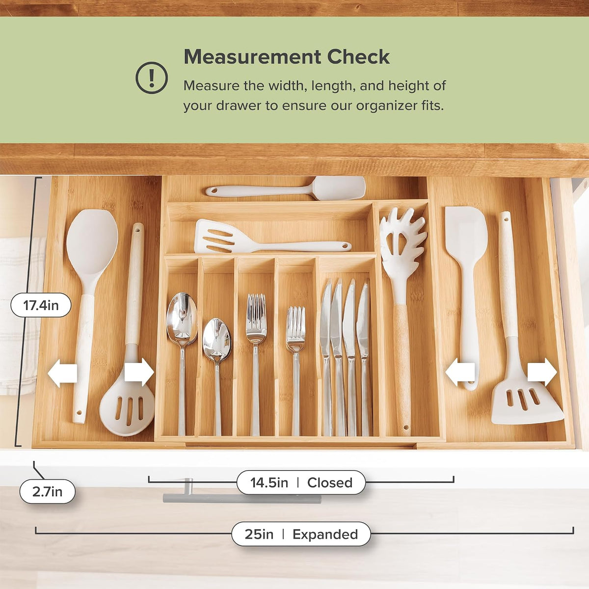 KitchenEdge Expandable Bamboo Silverware Drawer Organizer, 14.5"-25" Wide, Natural