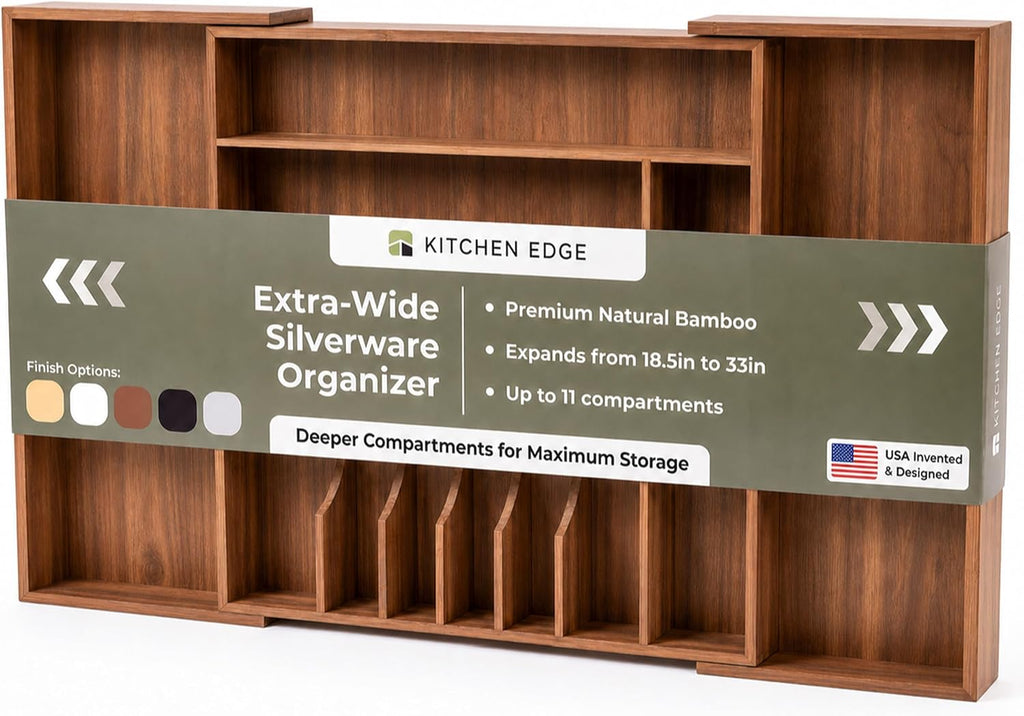KitchenEdge Expandable Bamboo Silverware Drawer Organizer, 14.5"-25" Wide, Natural