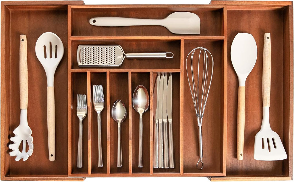 KitchenEdge Expandable Bamboo Silverware Drawer Organizer, 14.5"-25" Wide, Natural