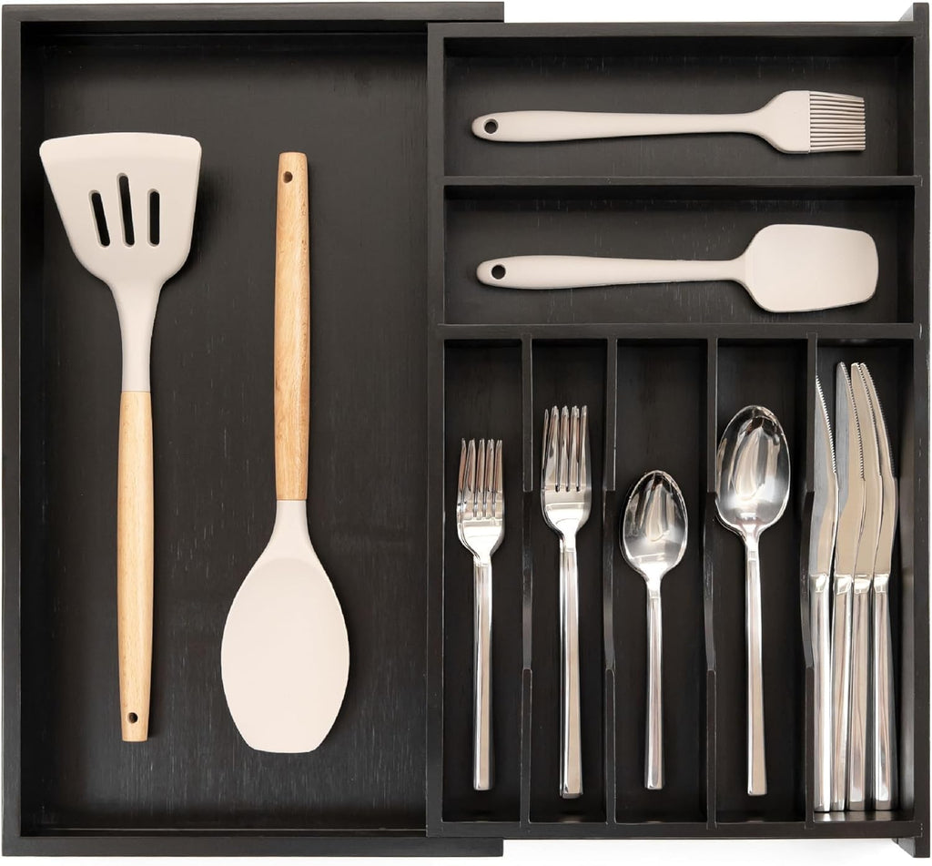 KitchenEdge Expandable Bamboo Silverware Drawer Organizer, 14.5"-25" Wide, Natural