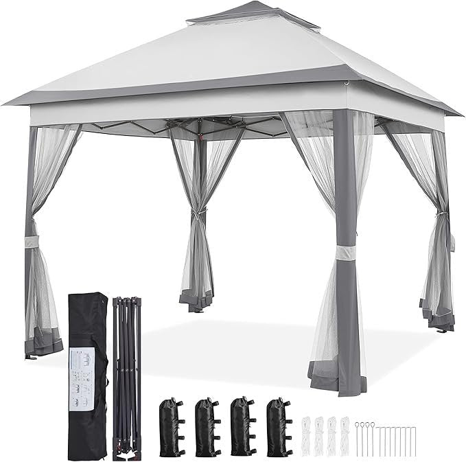 Yaheetech 11 x 11 ft. Pop-Up Gazebo with Mesh Sidewalls, 4 Sandbags and Double-Tier Roof (YTtp9t0002001)