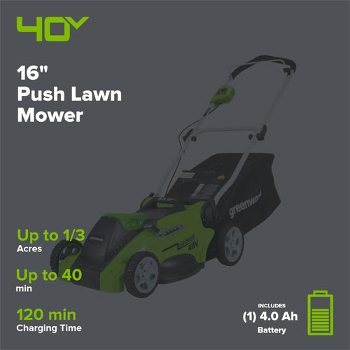 40V 16" Cordless Battery Push Lawn Mower w/ 4.0Ah Battery & Charger, LM1604