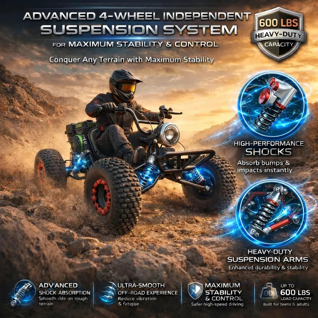 212cc 4 Stroke Off Road Go Kart With CVT Automatic Transmission Hydraulic Disc Brakes Electric Start And Pull Start Neutral Forward Reverse 8 Inch All Terrain Tires LED Headlight Black Beast